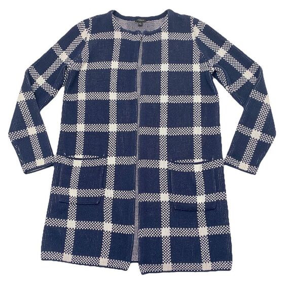 Ann Taylor Factory Open Front Long Blue White Windowpane Plaid Cardigan Women S - Picture 1 of 10